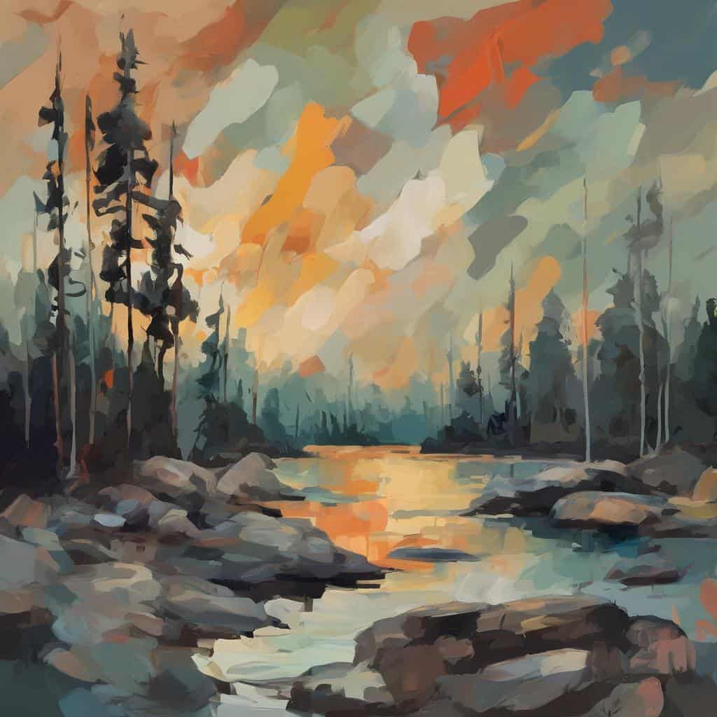 Οπτική σιωπή, κενού χώρου, τοπίο με δέντρα και ποτάμι, ζωγραφική ατμόσφαιρα, φύση, απεικόνιση ηρεμίας και σιωπής, σύγχρονη τέχνη, εσωτερική ηρεμία .